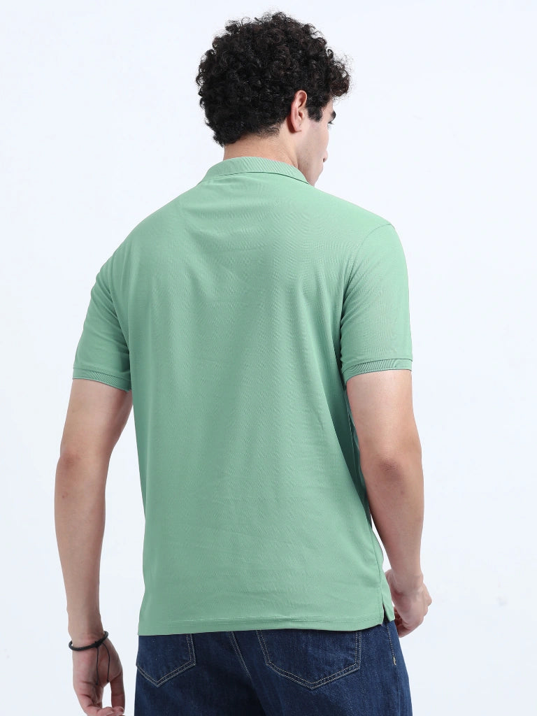 men's polyester polo t-shirt with pocket green color back view shop online - Green