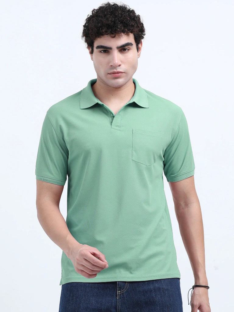 men's polyester polo t-shirt with pocket green color front view buy online - Green