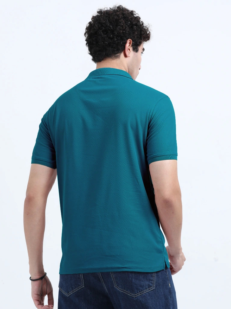 men's polyester polo t-shirt with pocket peacock green color back view shop online - Peacock Green