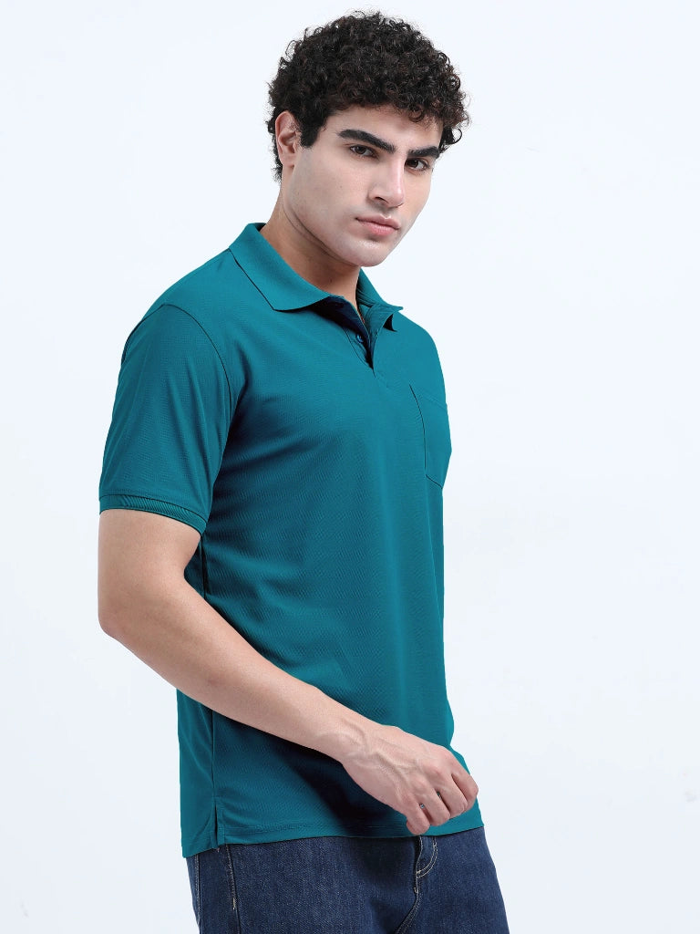 men's polyester polo t-shirt with pocket peacock green color full lifestyle view buy online - Peacock Green