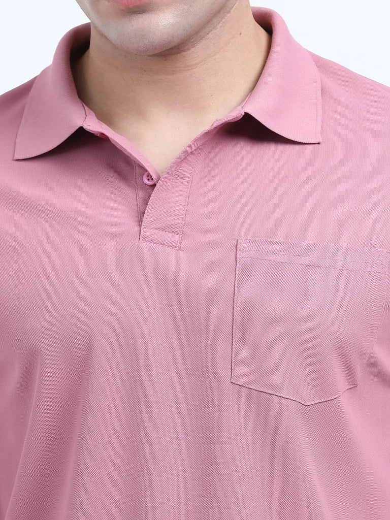 men's polyester polo t-shirt with pocket pink collar and chest pocket closeup fabric quality shop online in india - Pink