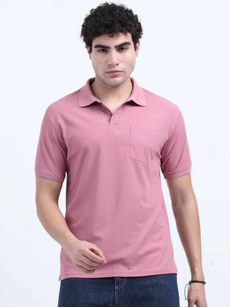 men's polyester polo t-shirt with pocket pink color front view comfortable everyday wear buy online in india - Pink