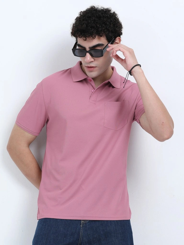 men's polyester polo t-shirt with pocket pink color full lifestyle view casual outfit with jeans and sneakers buy online in india - Pink