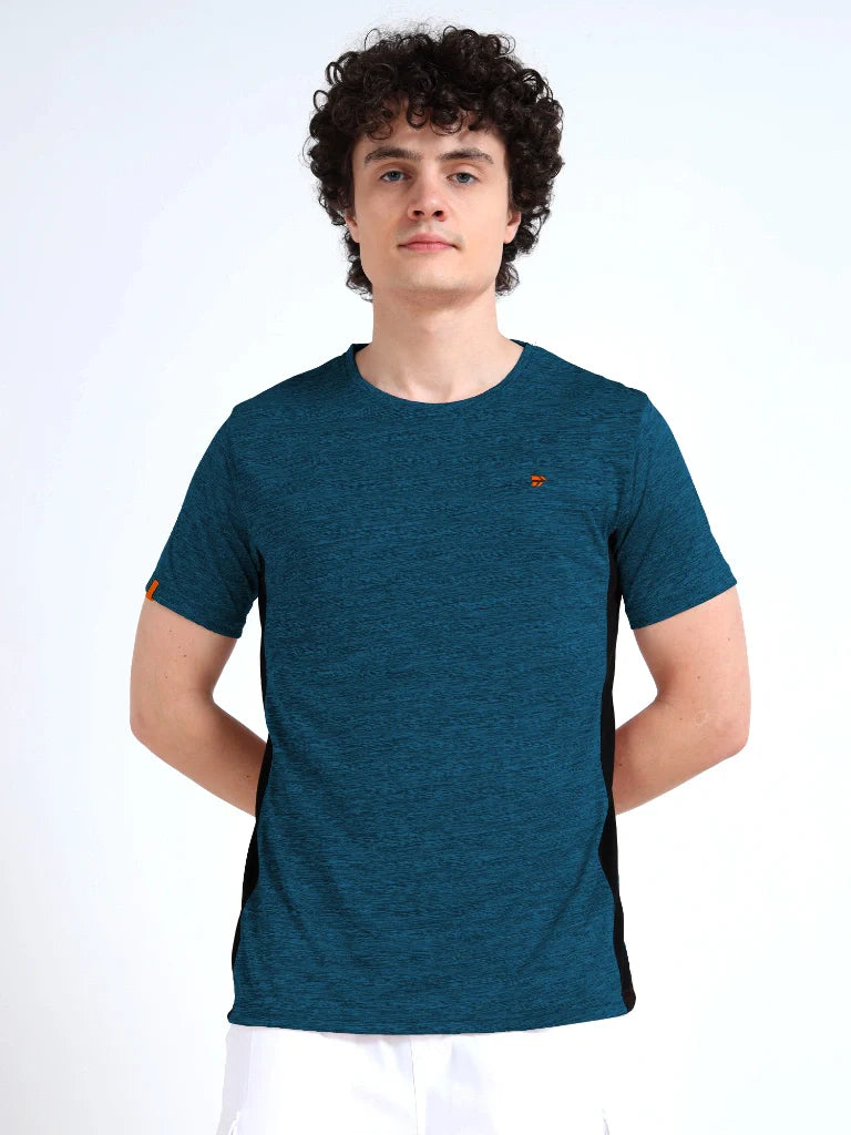 men's round neck t-shirt blue color straight view buy online - Blue