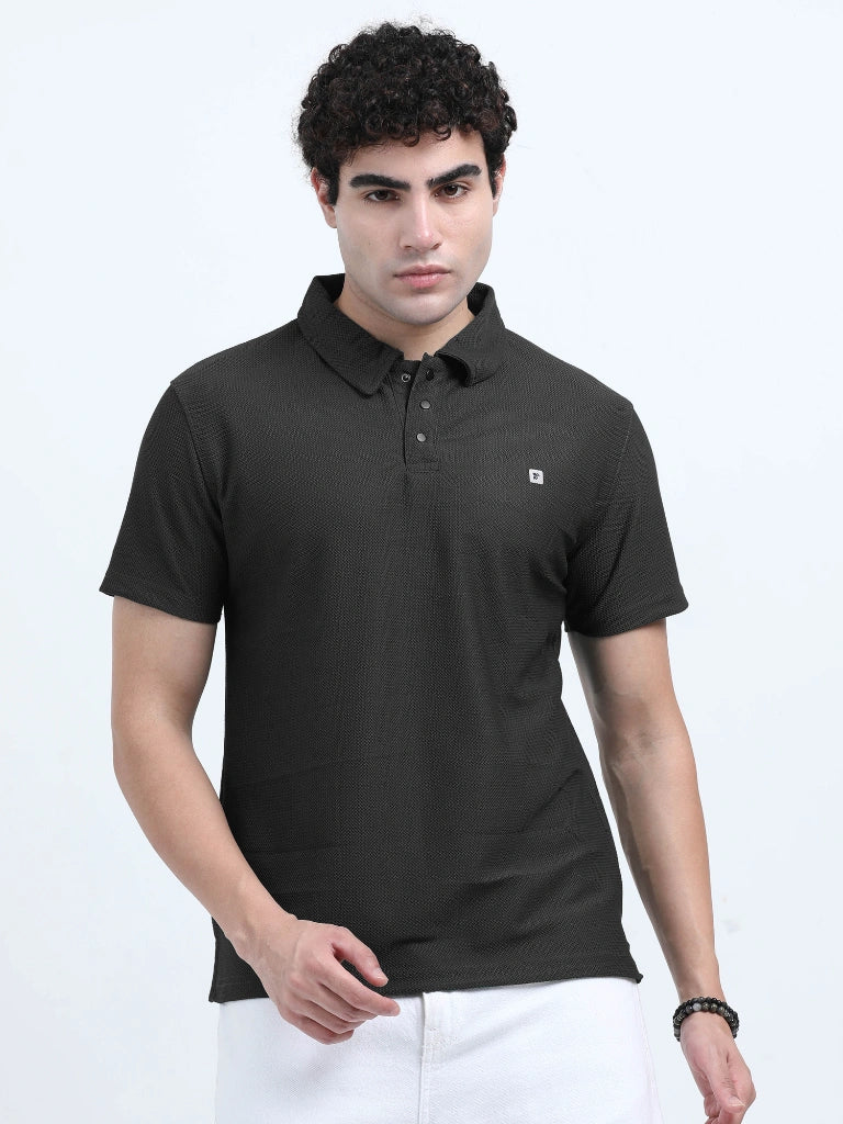 men's style polo t-shirt smart minimal everyday essential black color front view buy online - Black