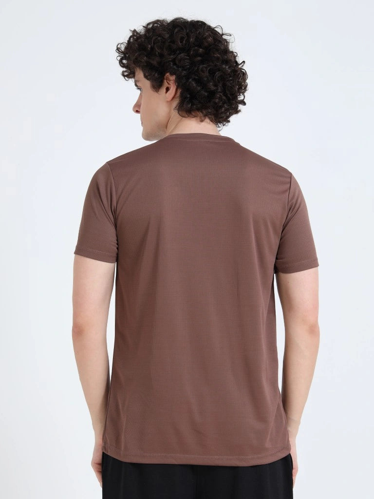 men's plain athleisure t-shirt round neck brown color back view buy online - Brown