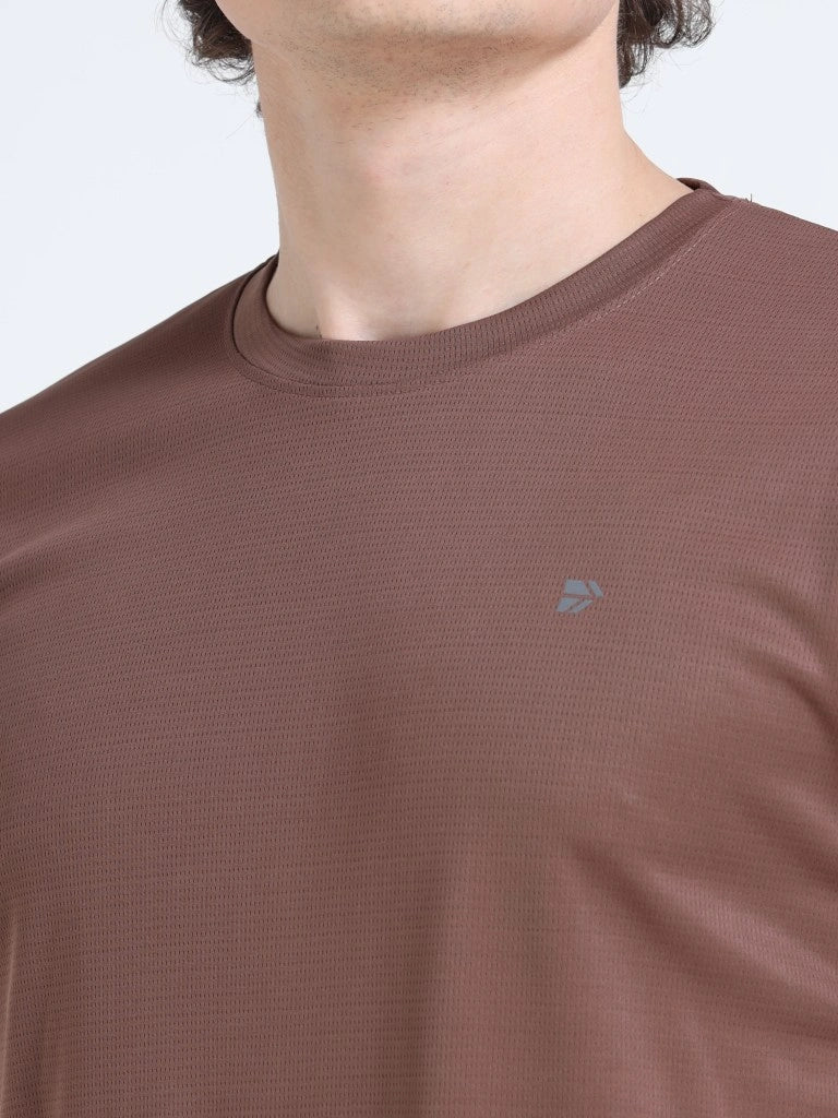 men's plain athleisure t-shirt round neck brown color collar view shop online - Brown