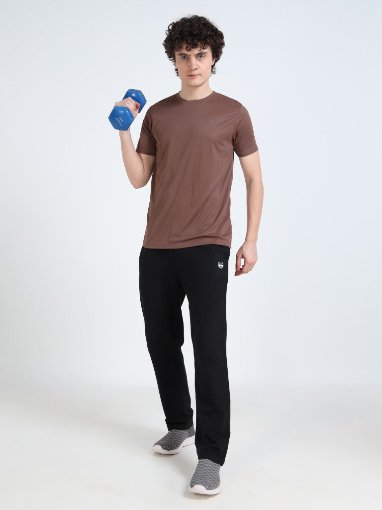 men's plain athleisure t-shirt round neck brown color full view shop online - Brown