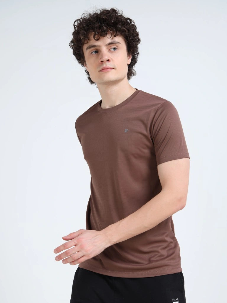 men's plain athleisure t-shirt round neck brown color side view shop online - Brown