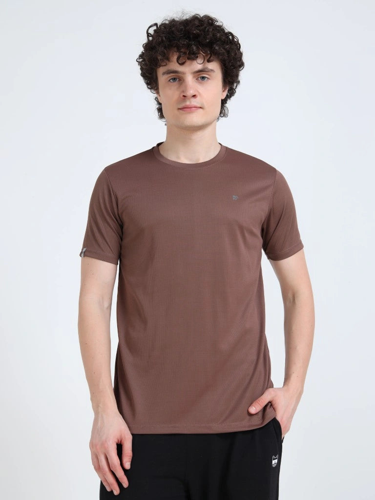 men's plain athleisure t-shirt round neck brown color straight view buy online - Brown