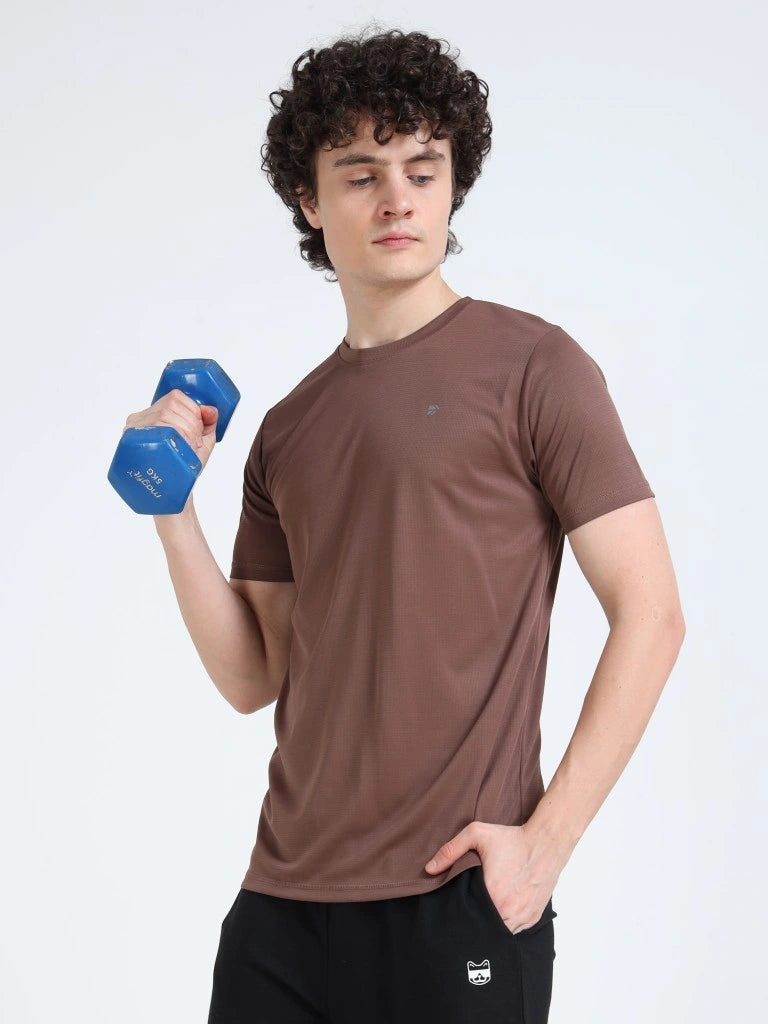 men's plain athleisure t-shirt round neck brown color style view buy online - Brown