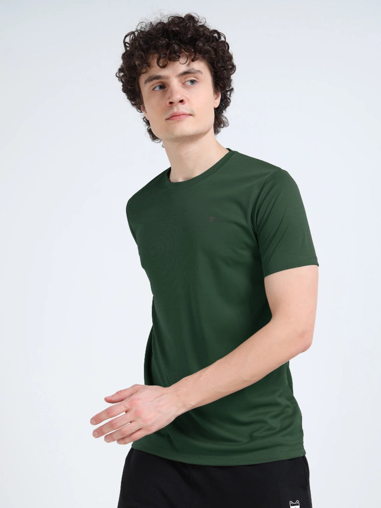 Plain dark green round neck t-shirt for men side view shop online India - Green