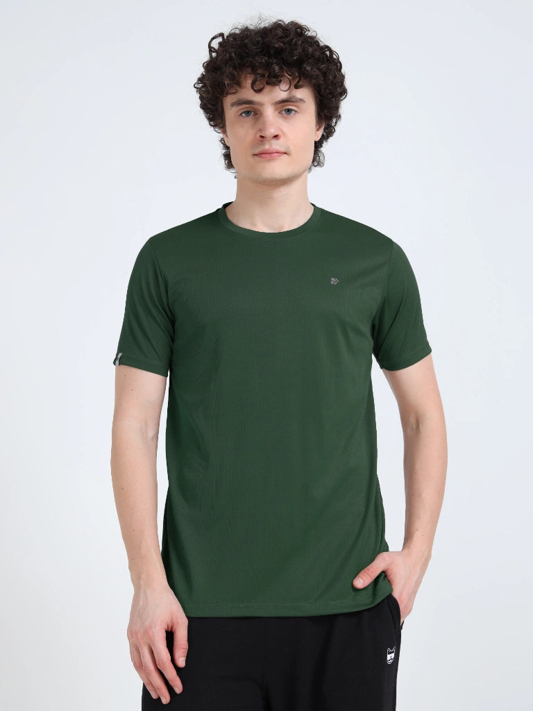 Plain dark green round neck t-shirt for men straight view shop online India - Green