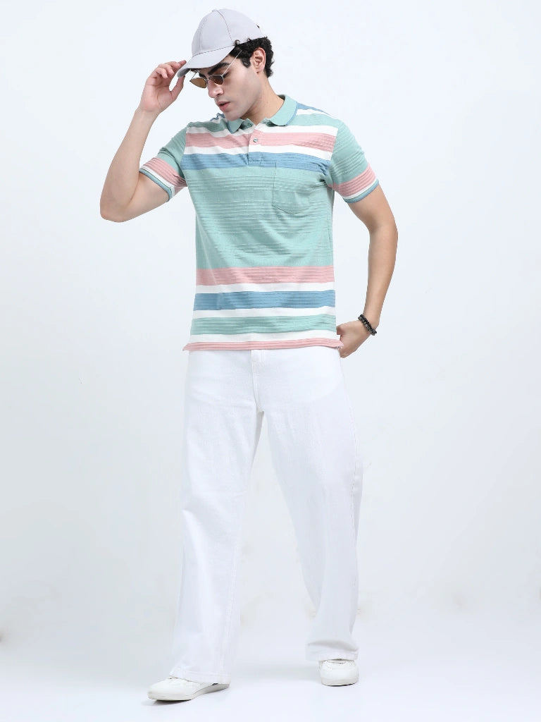 men's cotton polo t-shirt green and pink full view shop online - Green and Pink