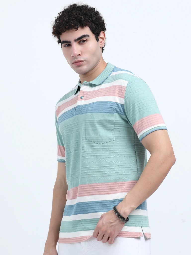 men's cotton polo t-shirt green and pink side view buy online - Green and Pink