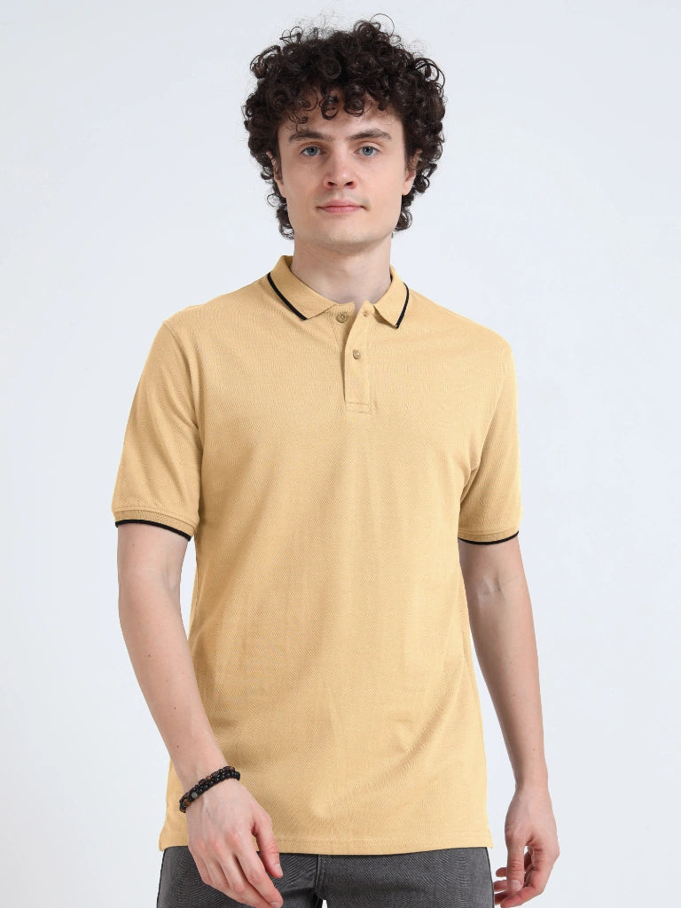 men's premium cotton plain polo tees new style t-shirt beige straight view buy online - Beige