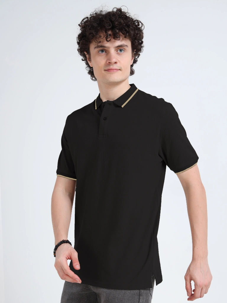 polo style cotton t-shirt black side view shop online - Black
