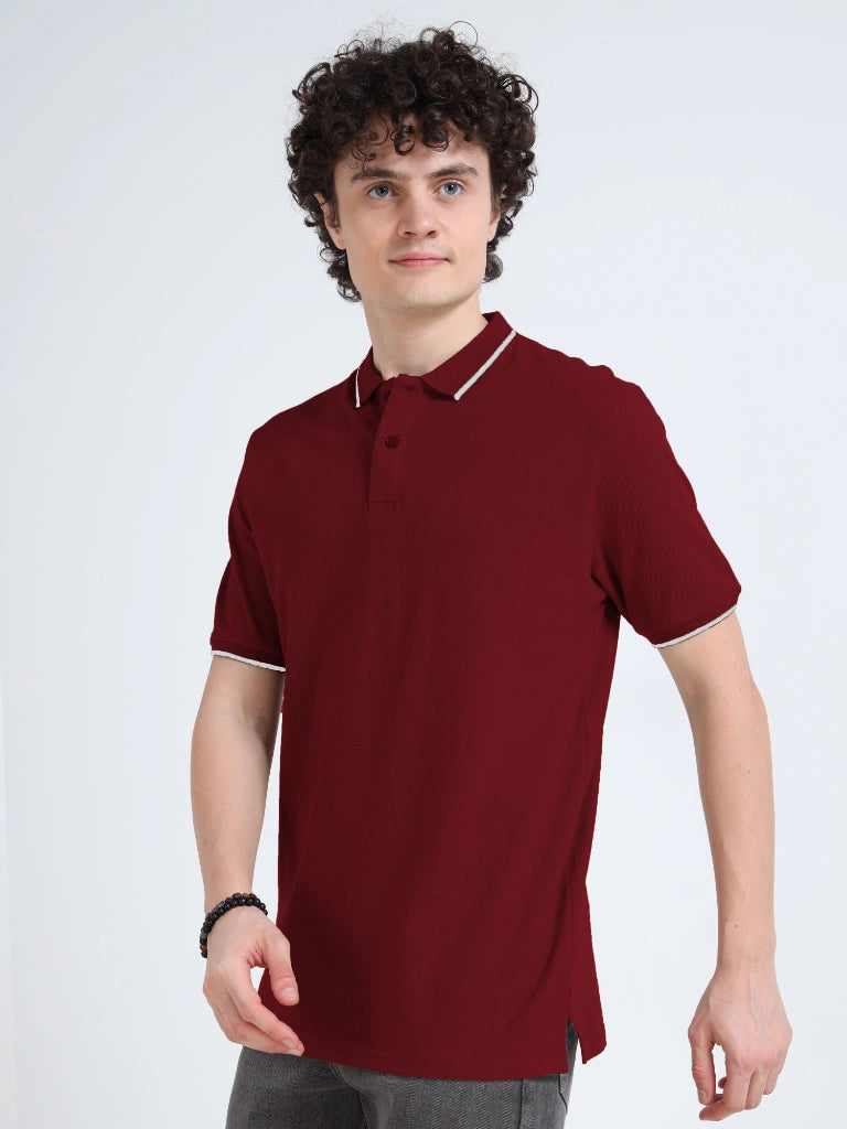 polo style cotton t-shirt maroon side view shop online - Maroon