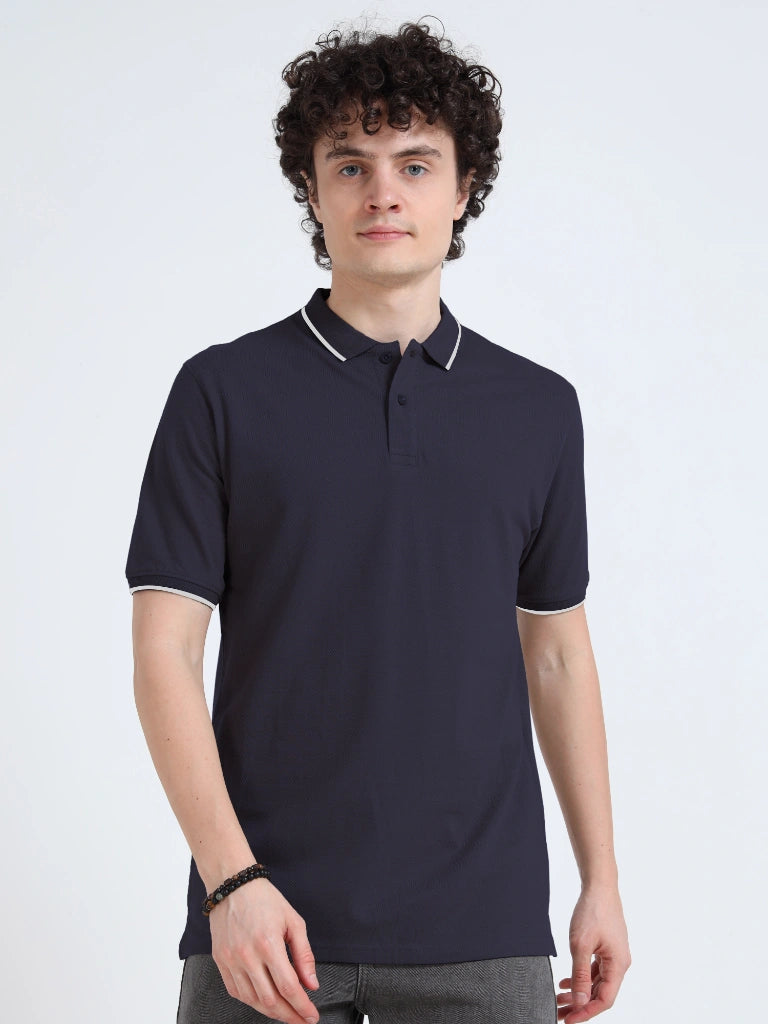 polo style cotton t-shirt midnight navy side view shop online - Midnight Navy