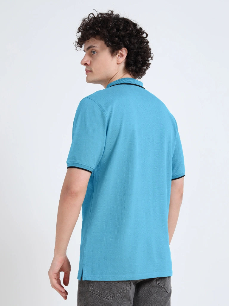 polo style cotton t-shirt sky blue back view buy online - Sky Blue