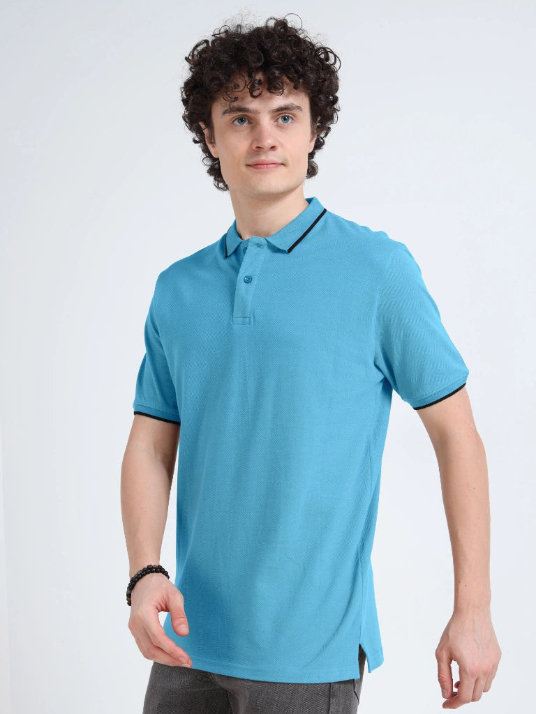 polo style cotton t-shirt sky blue side view shop online - Sky Blue