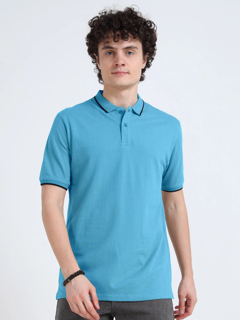 polo style cotton t-shirt sky blue straight view buy online - Sky Blue