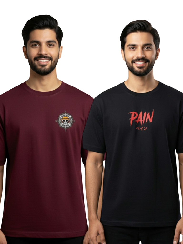 Purchase men’s anime print crew neck oversized t shirt - Maroon & Black