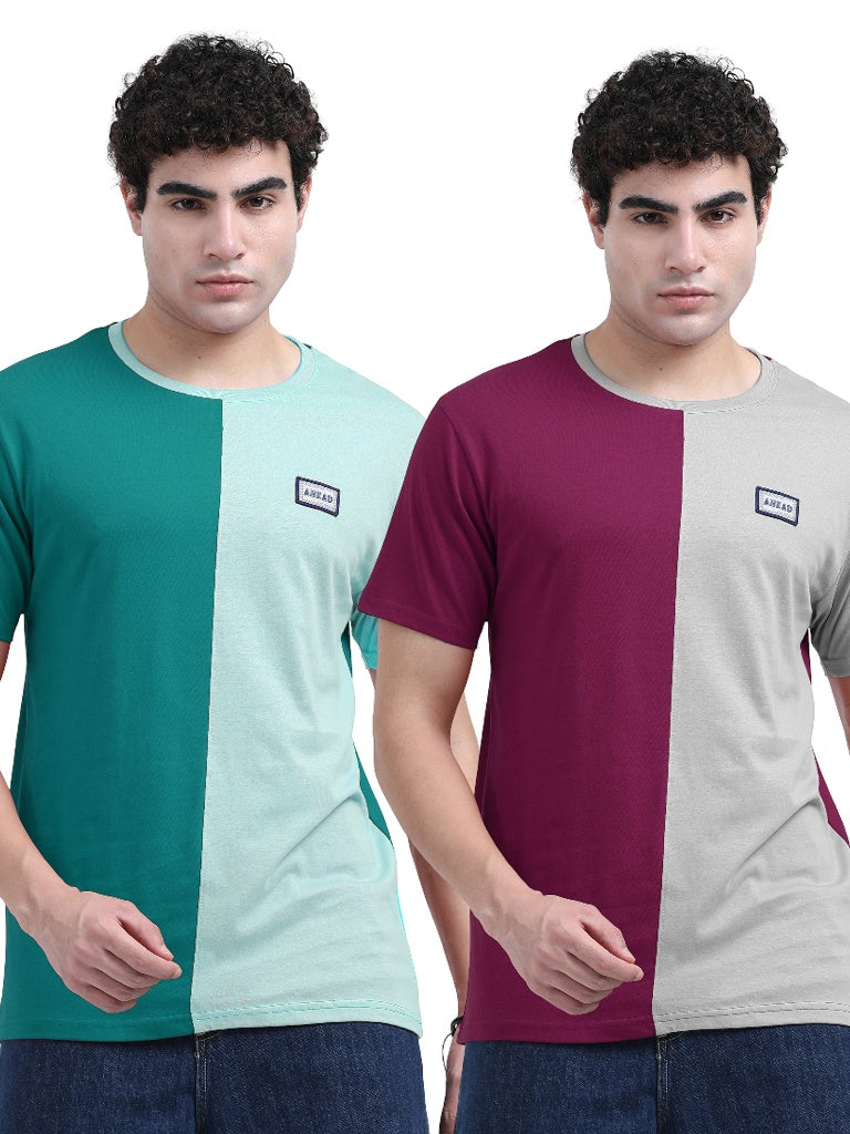 Purchase men’s combed cotton double color round neck combo tees - Green & Pink