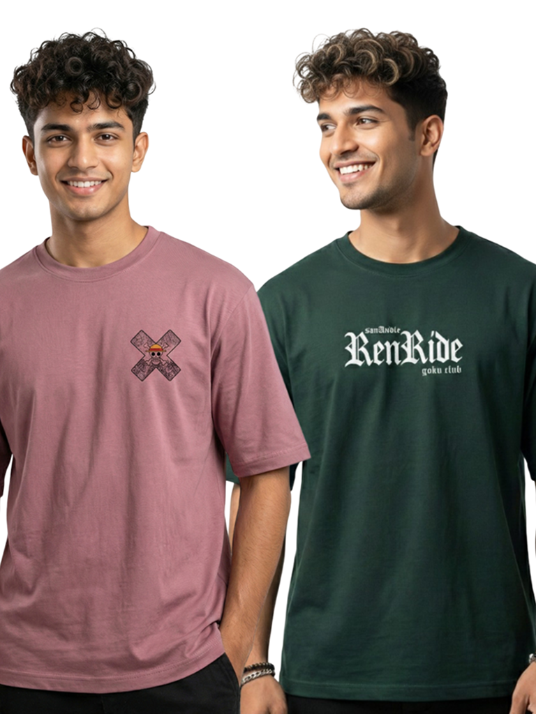 Purchase round neck oversized anime t shirt for men - Pink & Green