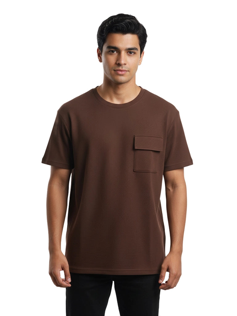 Shop Men’s Cotton Plain Round Neck T Shirt With Pocket - Dark Brown