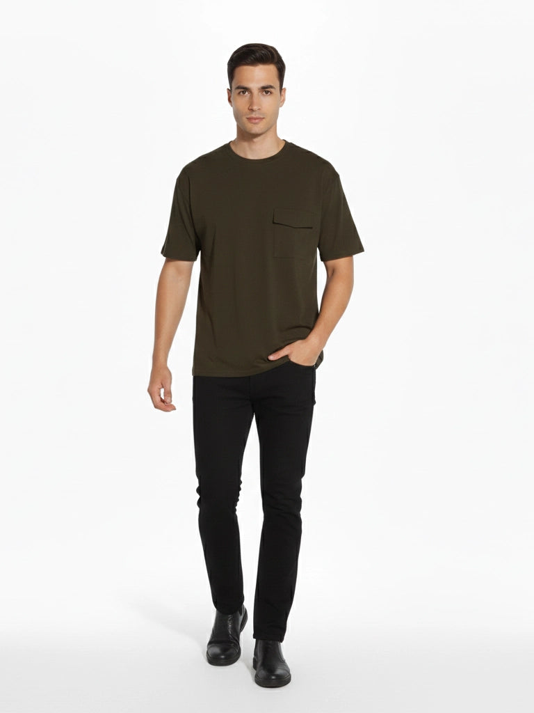 Shop Men's Cotton Plain Round Neck T Shirt With Pocket Full View - Olive