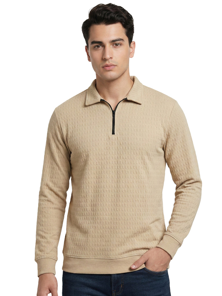 Shop Men Zip Neck Polo T Shirts Front view - Beige