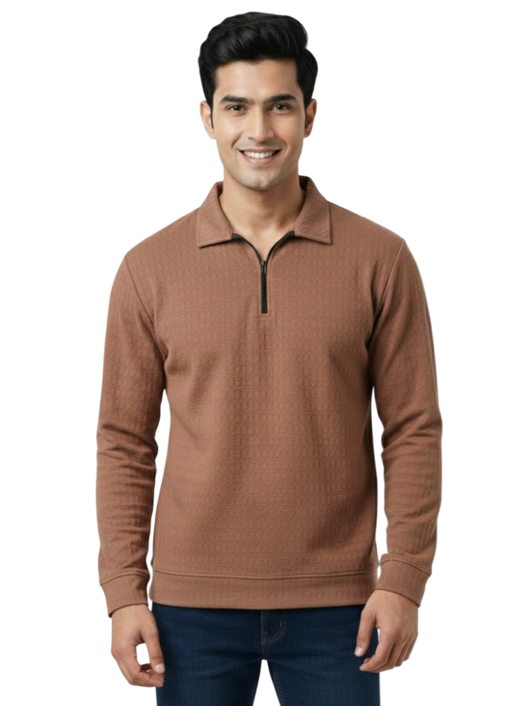 Shop Men Zip Neck Polo T Shirts Front View - Brown