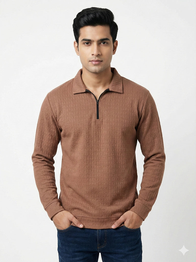 Shop Men Zip Neck Polo T Shirts Front View - Brown 