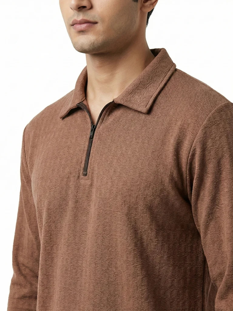 Shop Men Zip Neck Polo T Shirts Zoom View - Brown 
