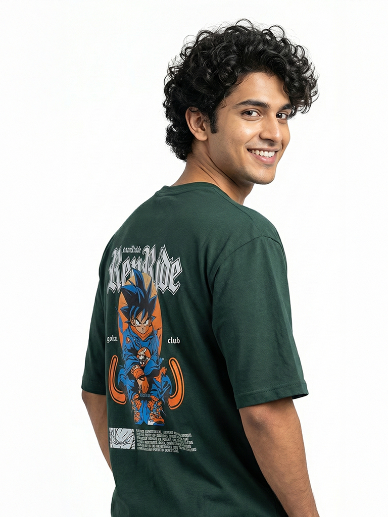 Shop Men's Anime Print Loose Fit T Shirts Right View - Green