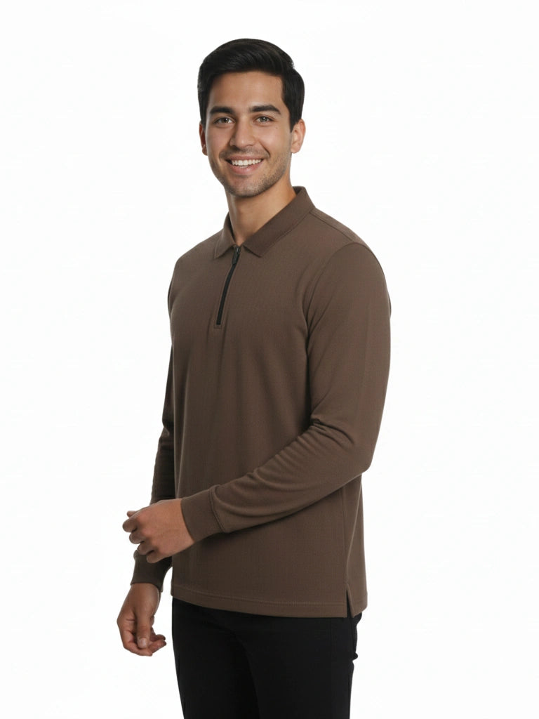 Shop Men's Lycra Blend Full Sleeve Polo T Shirt Front Left View - Brown