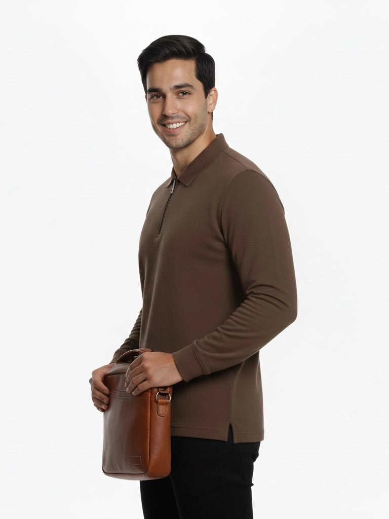 Shop Men's Lycra Blend Full Sleeve Polo T Shirt Left View  - Brown