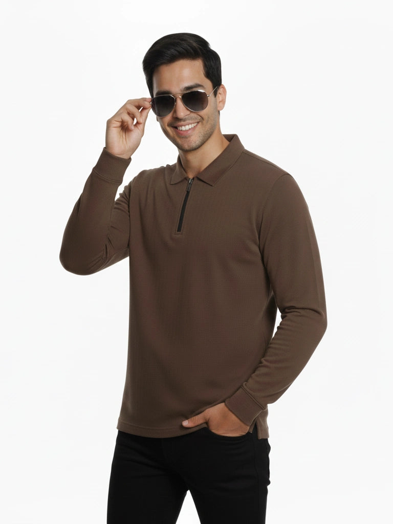 Shop Men's Lycra Blend Full Sleeve Polo T Shirt Front View - Brown