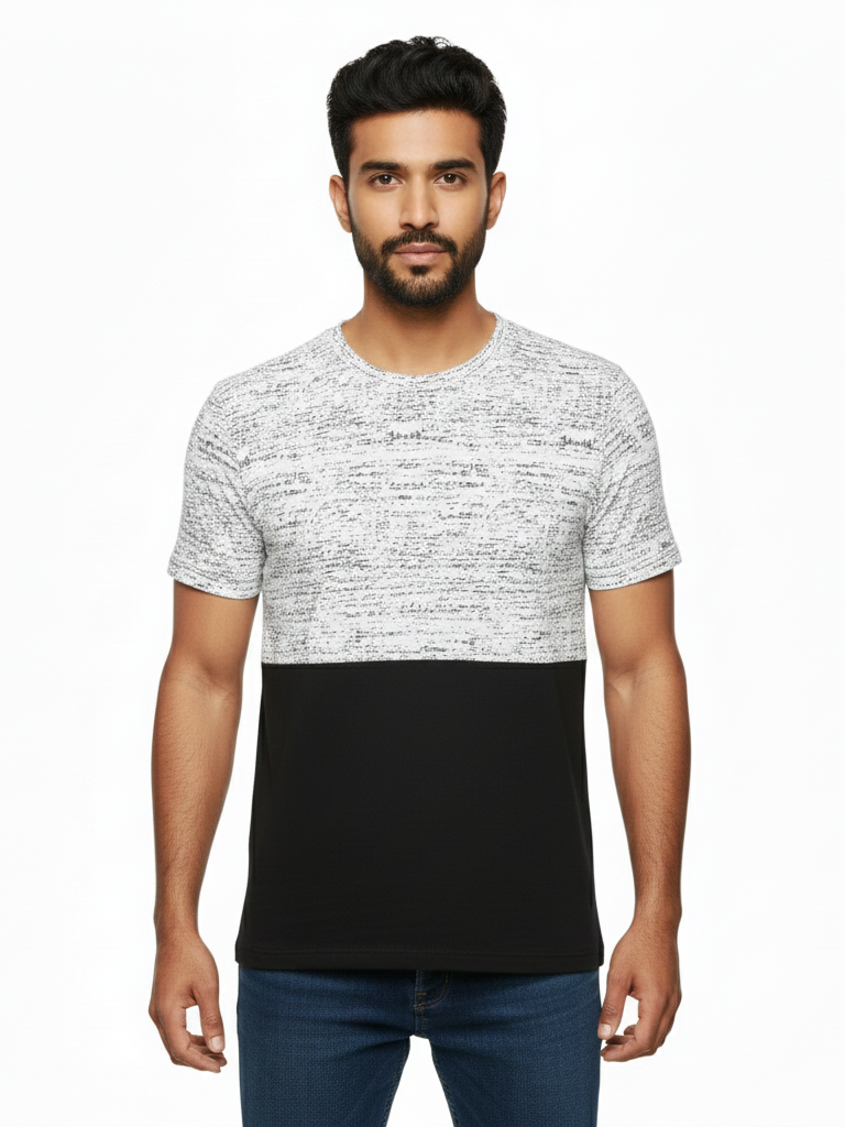 Shop Men's Color Block Cotton Round Neck T Shirt Front View  - Black