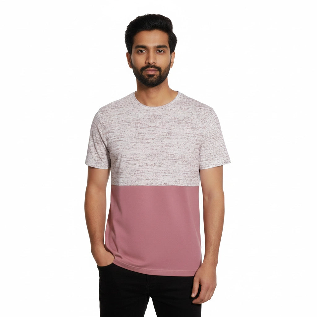 Shop Men's Color Block Cotton Round Neck T Shirt Front View - Pink 