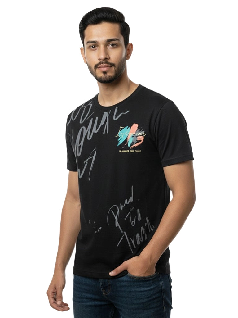 Shop Men's Cotton Letter Print T Shirt Front View - Black 