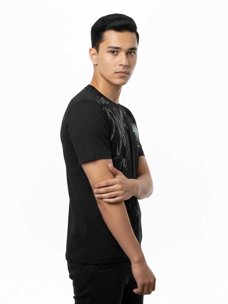 Shop Men's Cotton Letter Print T Shirt Right View - Black  