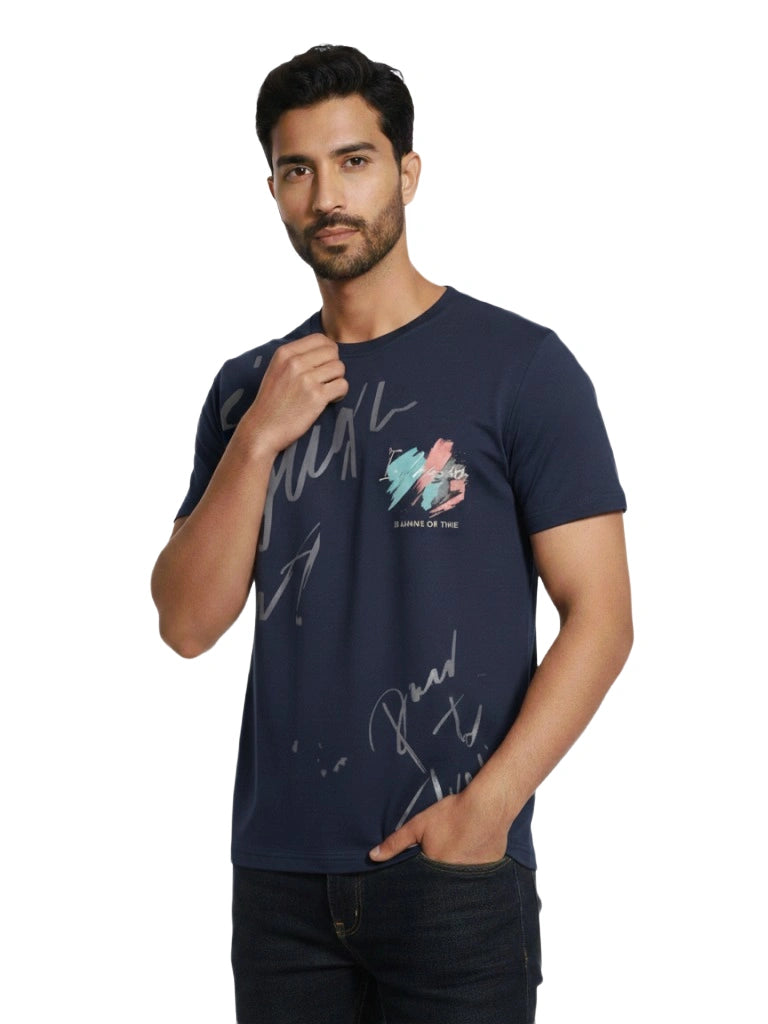 Shop Men's Cotton Letter Print T Shirt Front View- Dark Blue