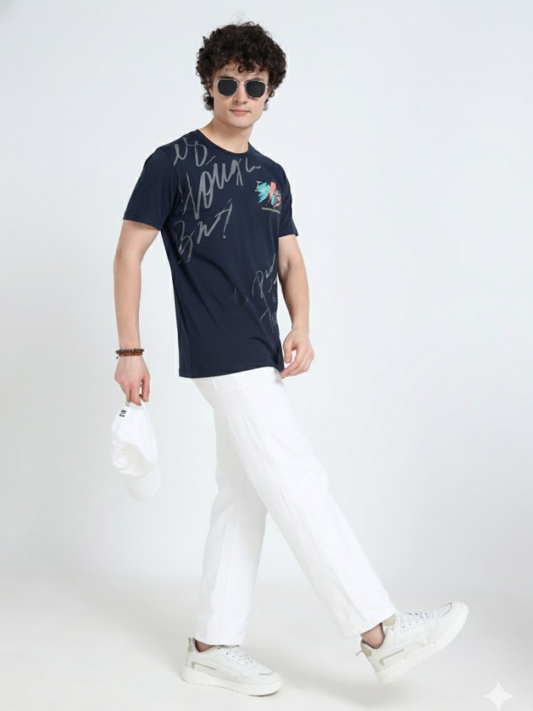 Shop Men's Cotton Letter Print T Shirt Full View- Dark Blue