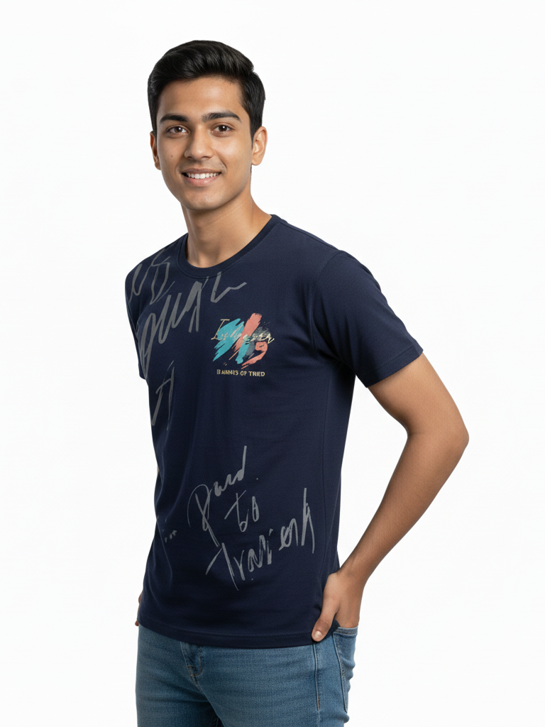 Shop Men's Cotton Letter Print T Shirt Right View- Dark Blue