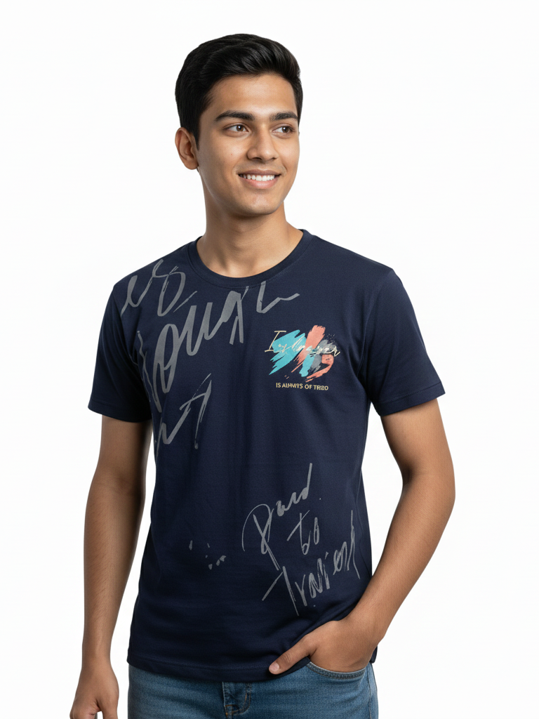 Shop Men's Cotton Letter Print T Shirt Front View- Dark Blue