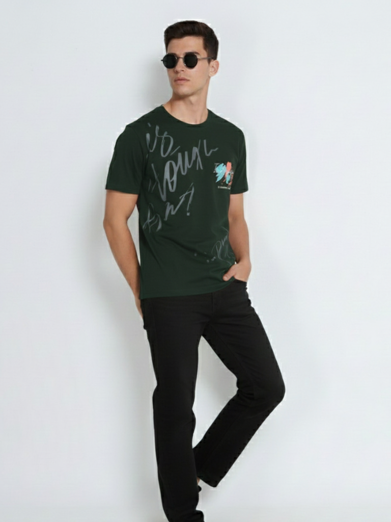 Men’s Regular Fit Printed Cotton T Shirt Full View - Green