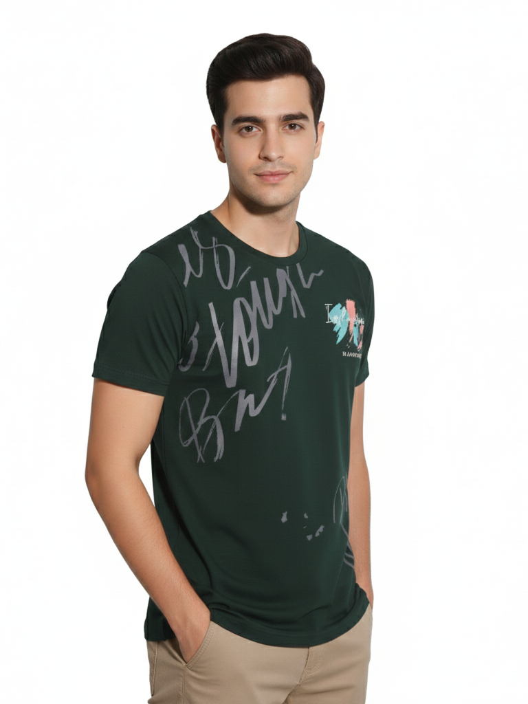 Men’s Regular Fit Printed Cotton T Shirt Left View - Green