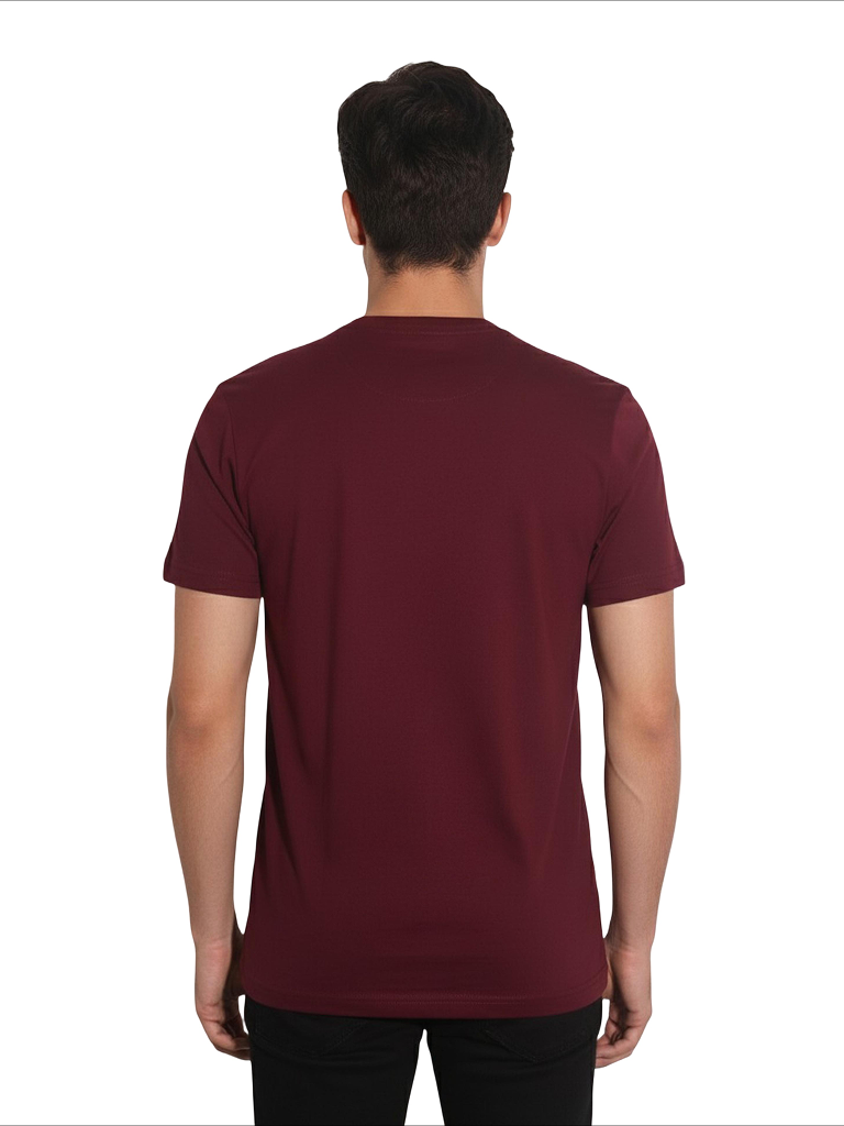 Shop Men's Cotton Letter Print T Shirt Back View - Maroon 